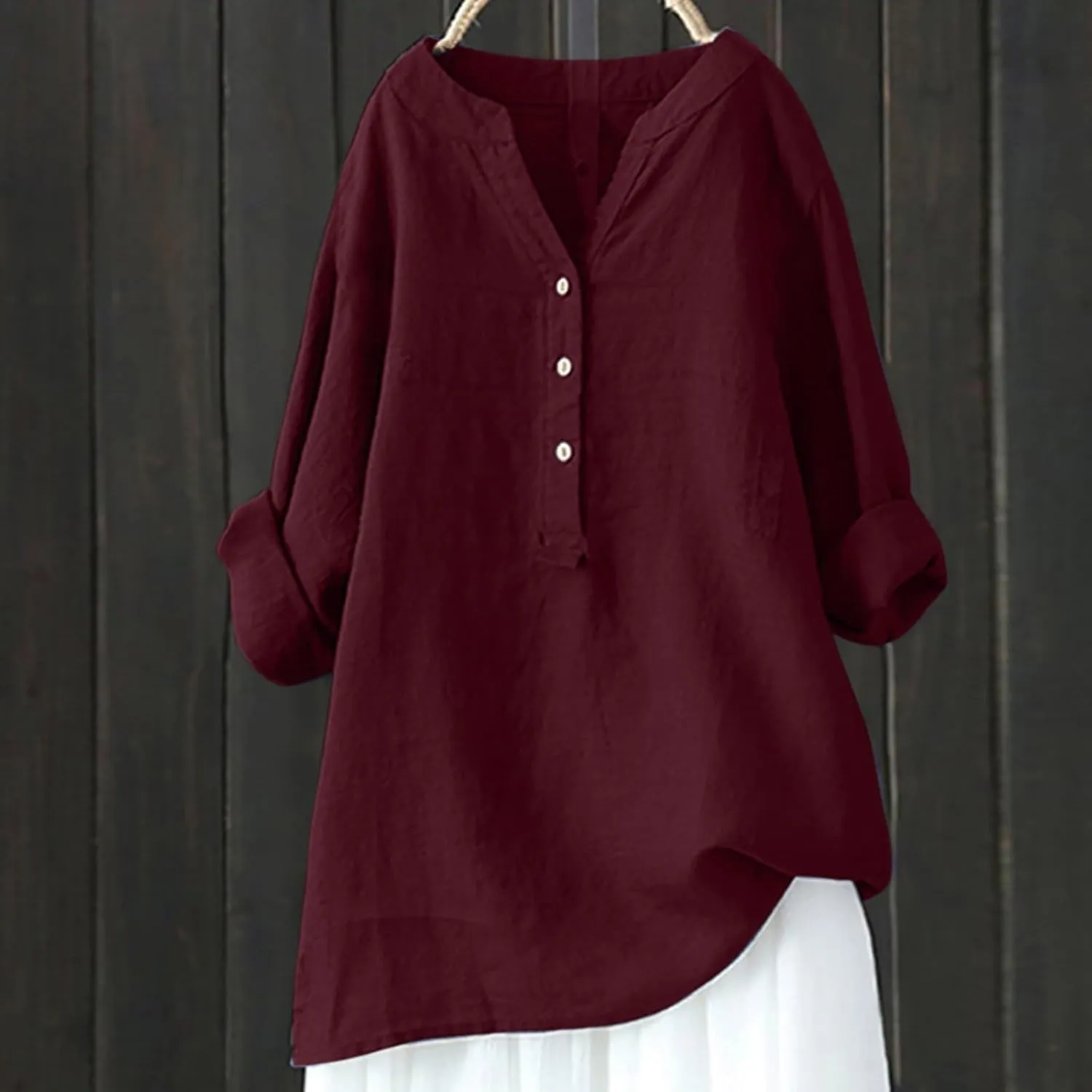 Womens Linen Shirts V-Neck Buttons Blouses Embroidery Plus Size Tops Short Sleeve Loose Fit T Shirts