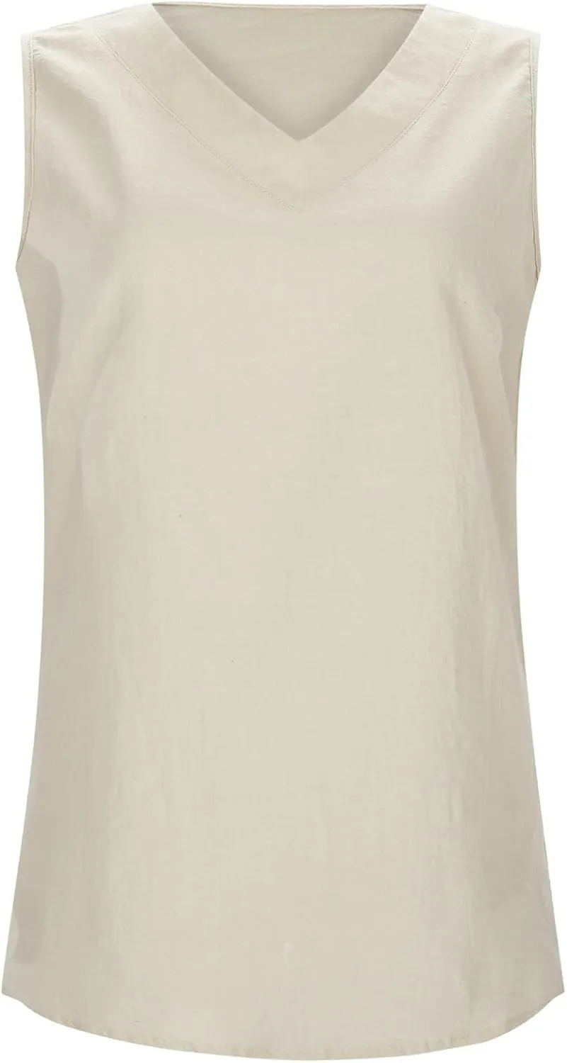 Womens Linen Shirts V-Neck Buttons Blouses Embroidery Plus Size Tops Short Sleeve Loose Fit T Shirts