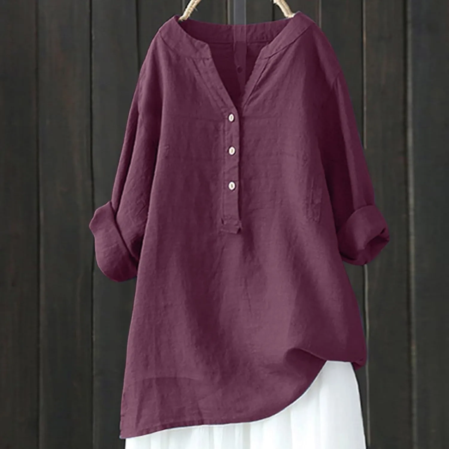 Womens Linen Shirts V-Neck Buttons Blouses Embroidery Plus Size Tops Short Sleeve Loose Fit T Shirts