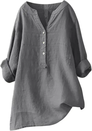 Womens Linen Shirts V-Neck Buttons Blouses Embroidery Plus Size Tops Short Sleeve Loose Fit T Shirts