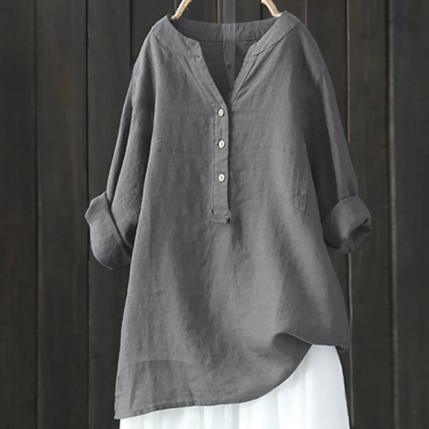 Womens Linen Shirts V-Neck Buttons Blouses Embroidery Plus Size Tops Short Sleeve Loose Fit T Shirts