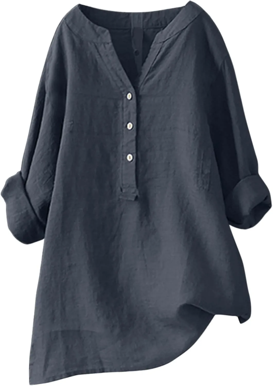 Womens Linen Shirts V-Neck Buttons Blouses Embroidery Plus Size Tops Short Sleeve Loose Fit T Shirts