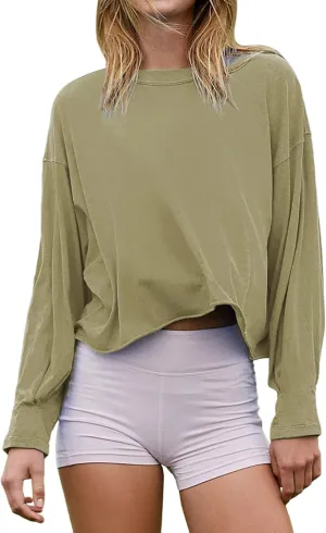Womens Long Sleeve Cropped T-Shirts Crew Neck Casual Drop Shoulder Crop Tops Solid Pullover Tees Olive M