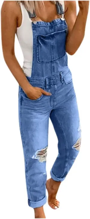 Womens Overalls Denim Stretch Straight Leg Jeans Denim Jumpsuits Ripped Distressed Skinny Jeans Bib Overalls Rompers