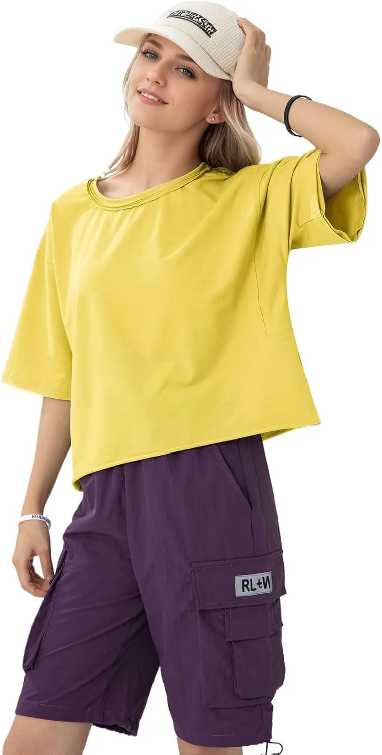 Women's Oversize Workout Crop Tops Casual Short Sleeve Drop Shoulder Boxy T-Shirts Roll Hem Basic Loose for 2025