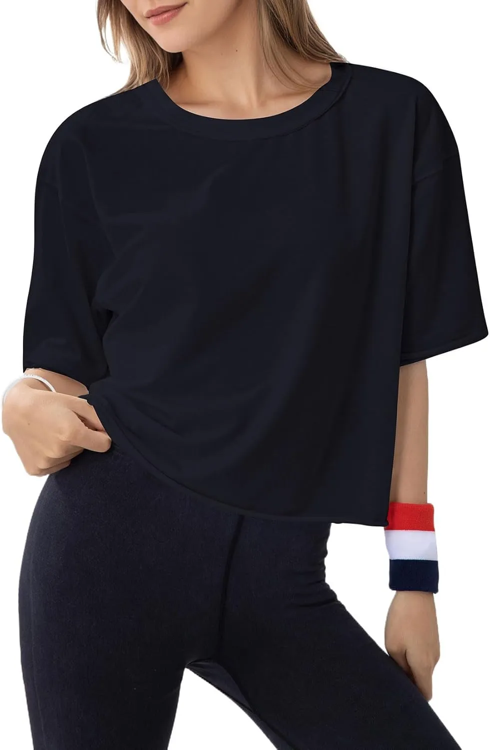 Women's Oversize Workout Crop Tops Casual Short Sleeve Drop Shoulder Boxy T-Shirts Roll Hem Basic Loose for 2025