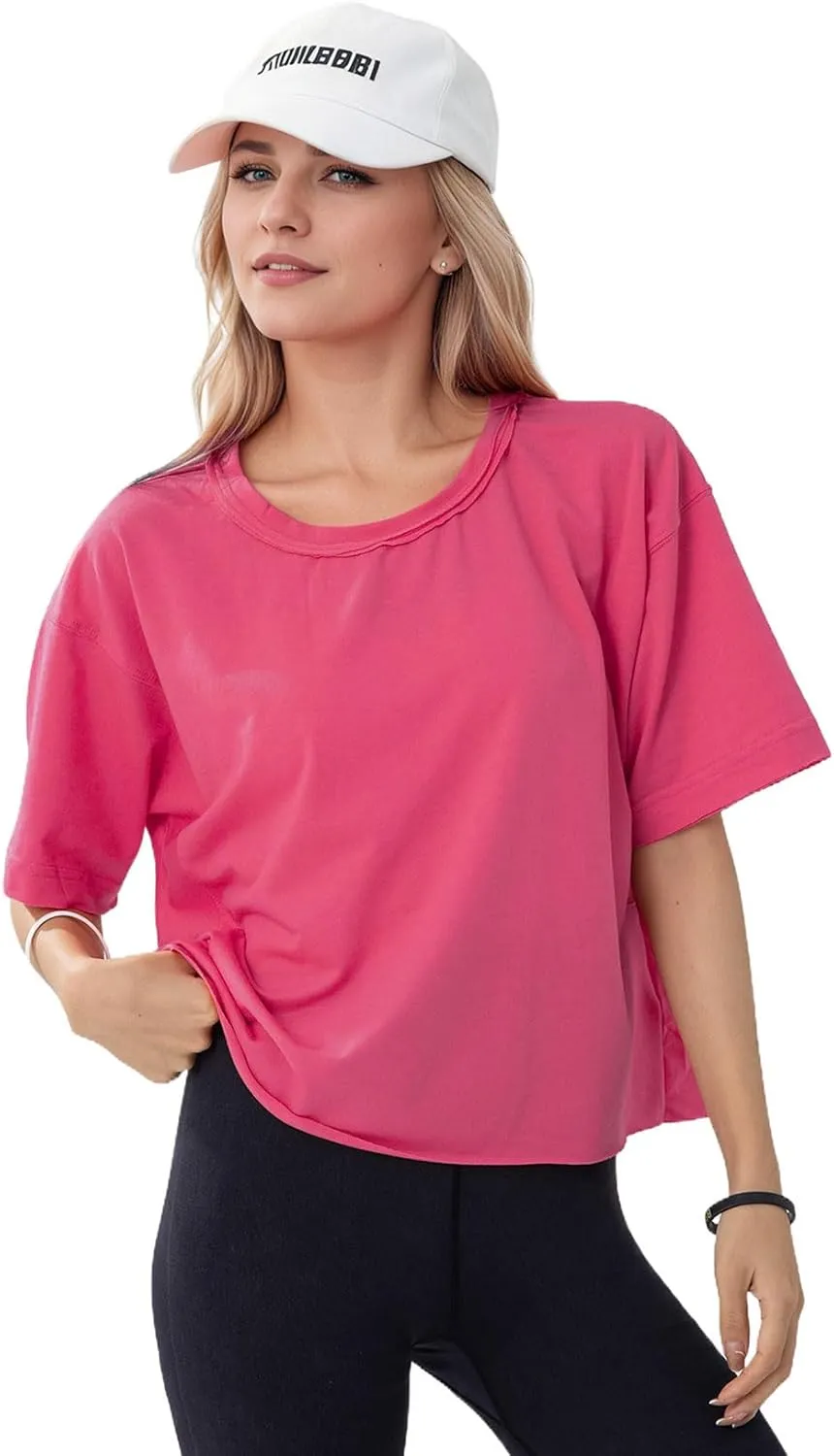 Women's Oversize Workout Crop Tops Casual Short Sleeve Drop Shoulder Boxy T-Shirts Roll Hem Basic Loose for 2025