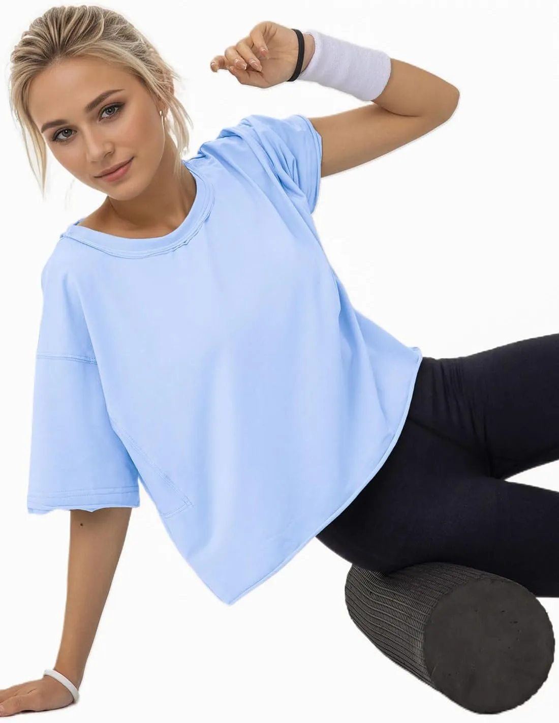 Women's Oversize Workout Crop Tops Casual Short Sleeve Drop Shoulder Boxy T-Shirts Roll Hem Basic Loose for 2025