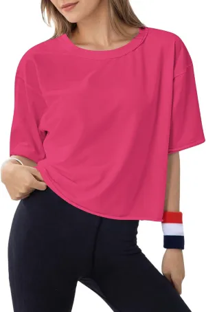 Women's Oversize Workout Crop Tops Casual Short Sleeve Drop Shoulder Boxy T-Shirts Roll Hem Basic Loose for 2025