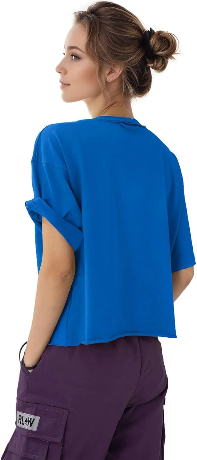 Women's Oversize Workout Crop Tops Casual Short Sleeve Drop Shoulder Boxy T-Shirts Roll Hem Basic Loose for 2025