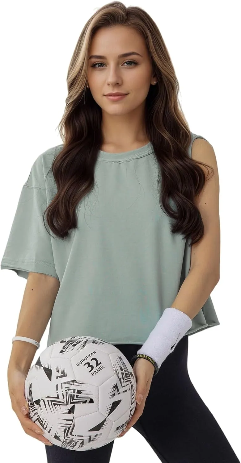 Women's Oversize Workout Crop Tops Casual Short Sleeve Drop Shoulder Boxy T-Shirts Roll Hem Basic Loose for 2025