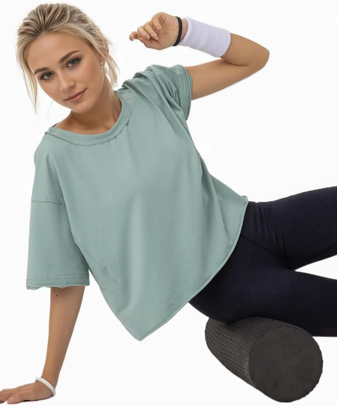 Women's Oversize Workout Crop Tops Casual Short Sleeve Drop Shoulder Boxy T-Shirts Roll Hem Basic Loose for 2025