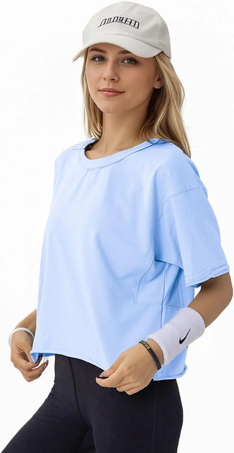 Women's Oversize Workout Crop Tops Casual Short Sleeve Drop Shoulder Boxy T-Shirts Roll Hem Basic Loose for 2025