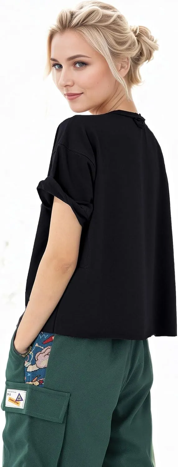 Women's Oversize Workout Crop Tops Casual Short Sleeve Drop Shoulder Boxy T-Shirts Roll Hem Basic Loose for 2025