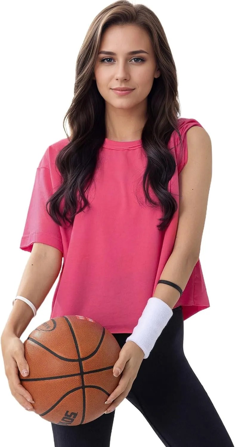 Women's Oversize Workout Crop Tops Casual Short Sleeve Drop Shoulder Boxy T-Shirts Roll Hem Basic Loose for 2025