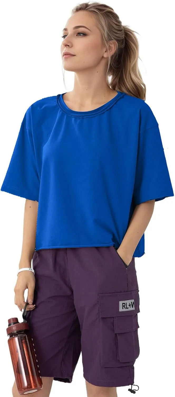 Women's Oversize Workout Crop Tops Casual Short Sleeve Drop Shoulder Boxy T-Shirts Roll Hem Basic Loose for 2025