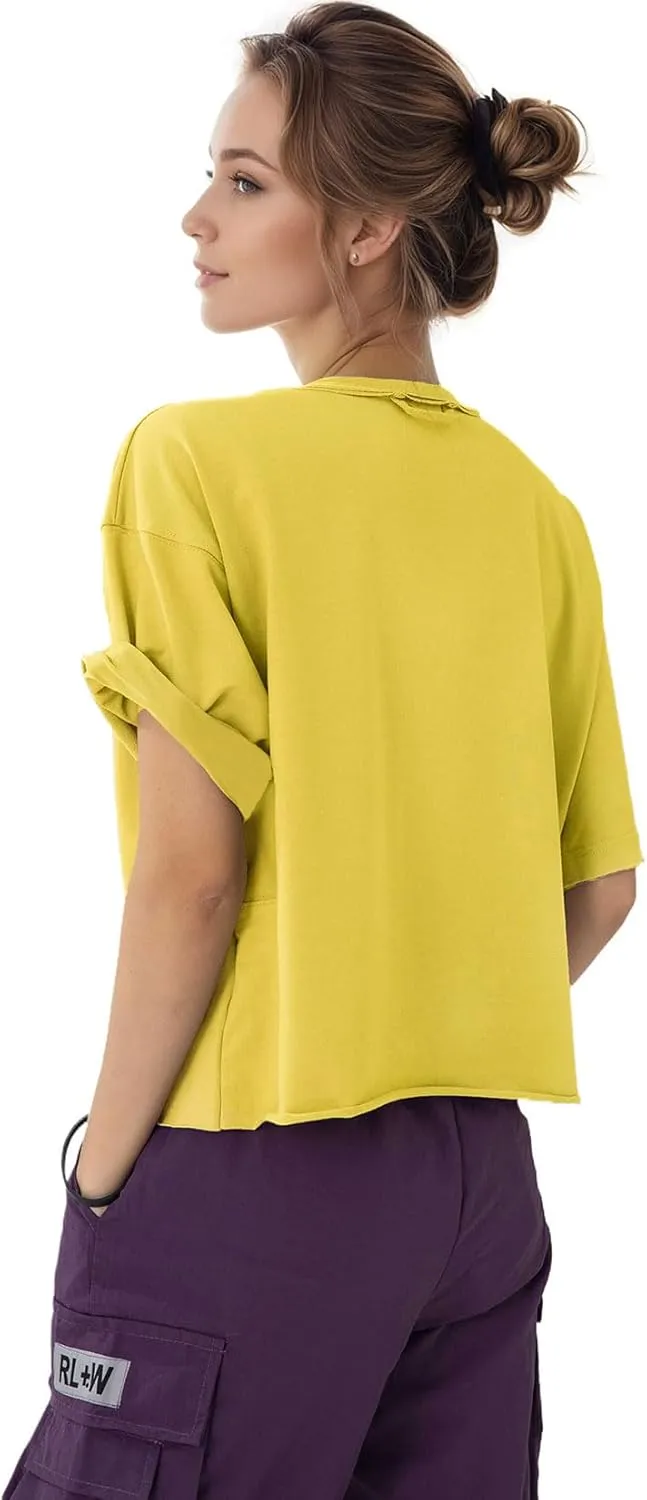 Women's Oversize Workout Crop Tops Casual Short Sleeve Drop Shoulder Boxy T-Shirts Roll Hem Basic Loose for 2025