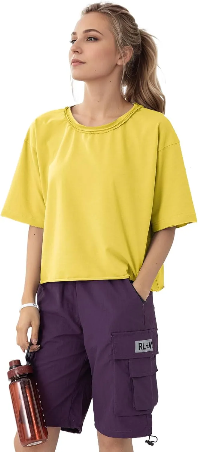 Women's Oversize Workout Crop Tops Casual Short Sleeve Drop Shoulder Boxy T-Shirts Roll Hem Basic Loose for 2025