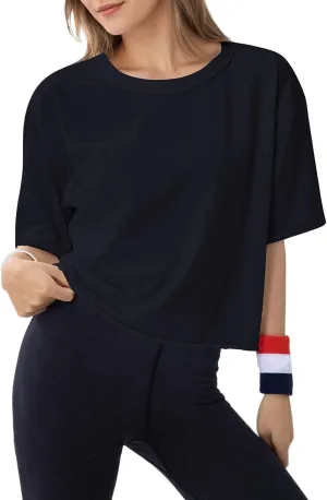 Women's Oversize Workout Crop Tops Casual Short Sleeve Drop Shoulder Boxy T-Shirts Roll Hem Basic Loose for 2025