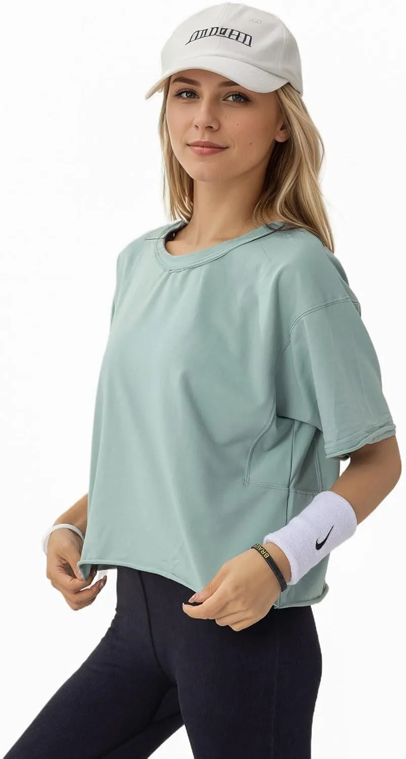 Women's Oversize Workout Crop Tops Casual Short Sleeve Drop Shoulder Boxy T-Shirts Roll Hem Basic Loose for 2025