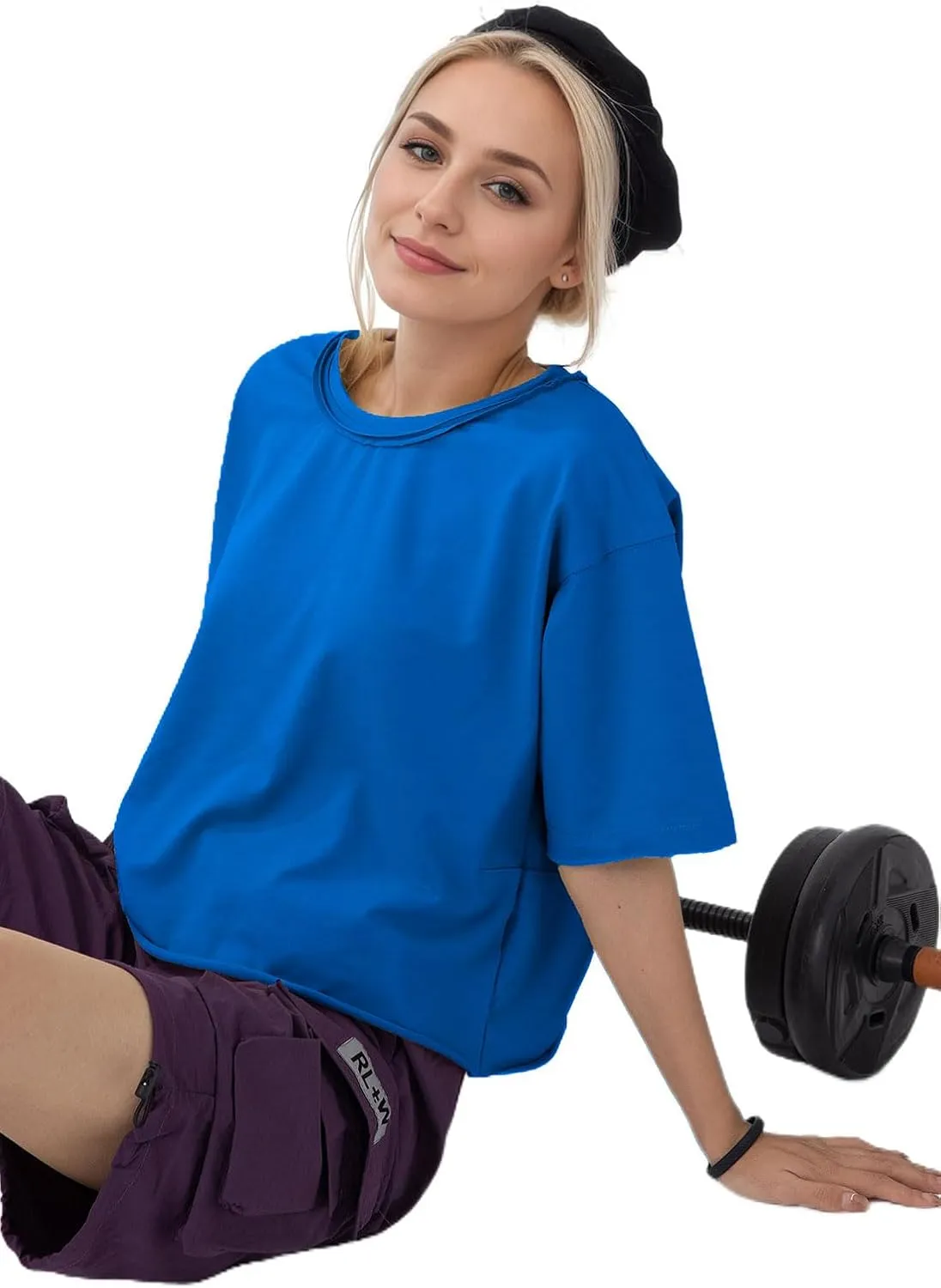 Women's Oversize Workout Crop Tops Casual Short Sleeve Drop Shoulder Boxy T-Shirts Roll Hem Basic Loose for 2025