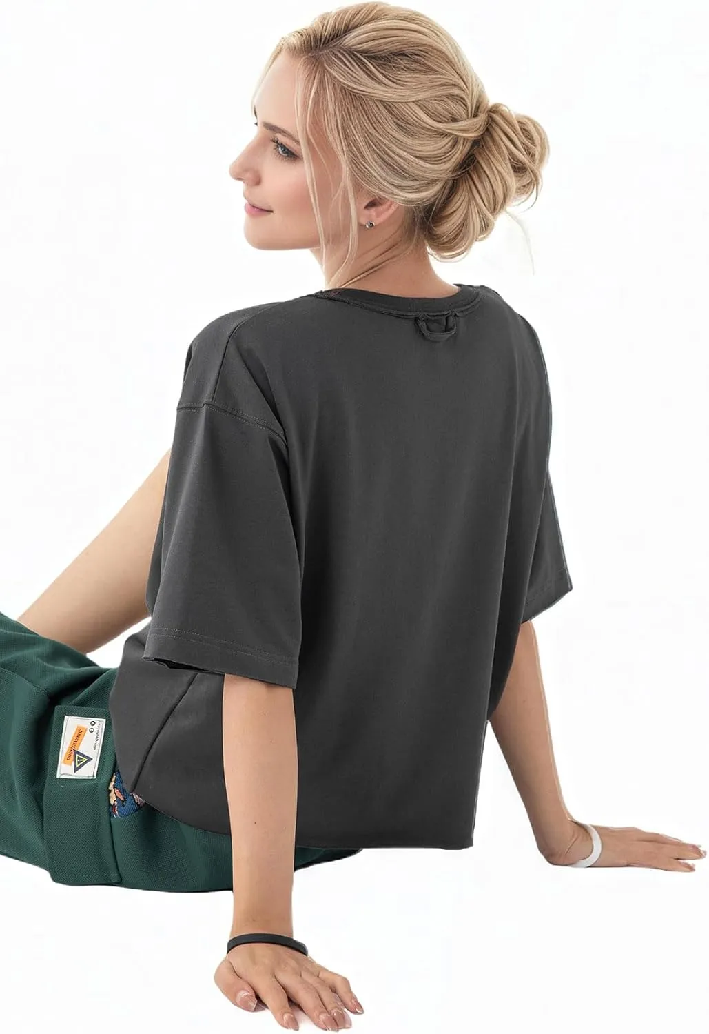 Women's Oversize Workout Crop Tops Casual Short Sleeve Drop Shoulder Boxy T-Shirts Roll Hem Basic Loose for 2025