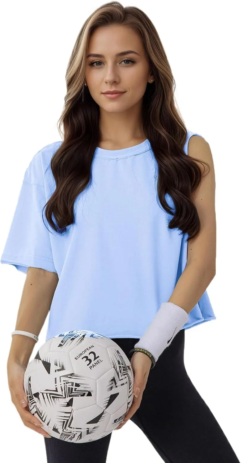 Women's Oversize Workout Crop Tops Casual Short Sleeve Drop Shoulder Boxy T-Shirts Roll Hem Basic Loose for 2025