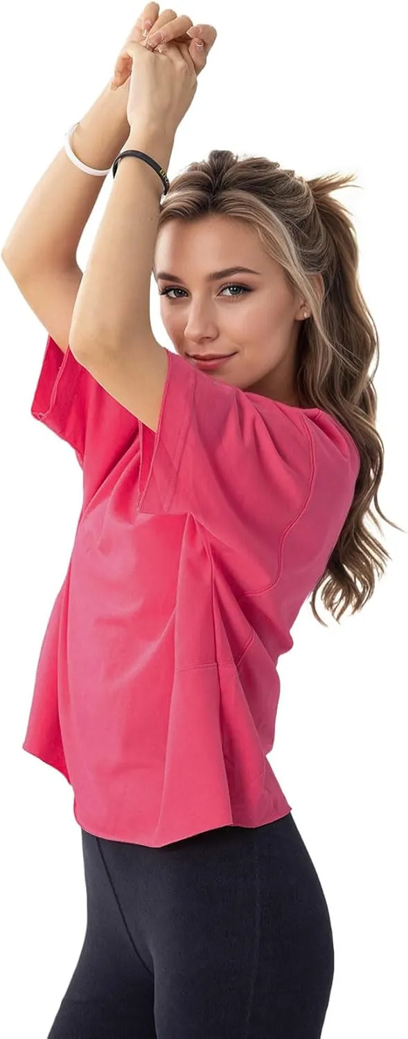 Women's Oversize Workout Crop Tops Casual Short Sleeve Drop Shoulder Boxy T-Shirts Roll Hem Basic Loose for 2025