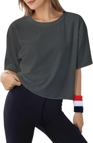 Women's Oversize Workout Crop Tops Casual Short Sleeve Drop Shoulder Boxy T-Shirts Roll Hem Basic Loose for 2025