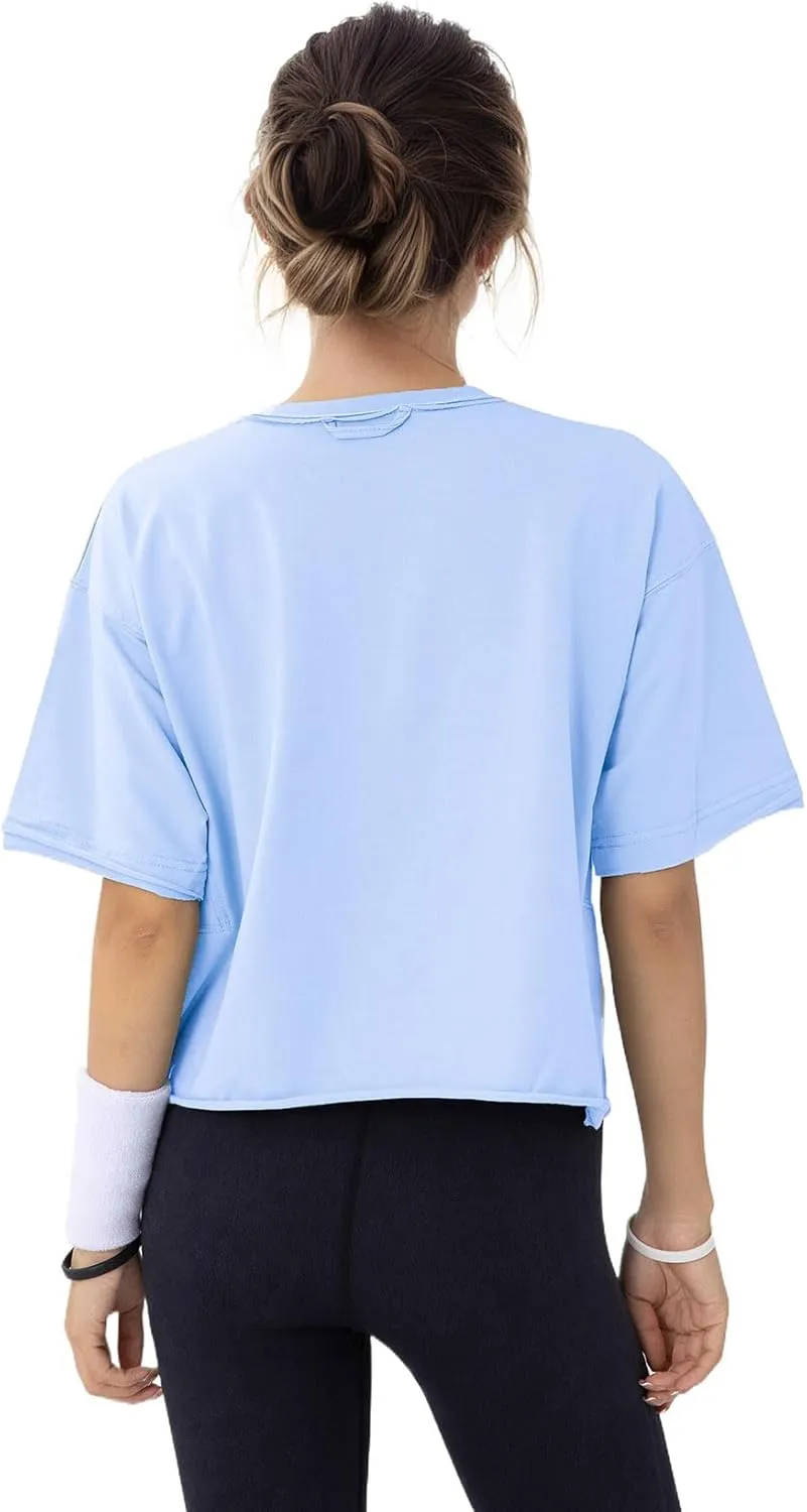 Women's Oversize Workout Crop Tops Casual Short Sleeve Drop Shoulder Boxy T-Shirts Roll Hem Basic Loose for 2025