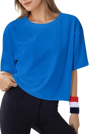 Women's Oversize Workout Crop Tops Casual Short Sleeve Drop Shoulder Boxy T-Shirts Roll Hem Basic Loose for 2025