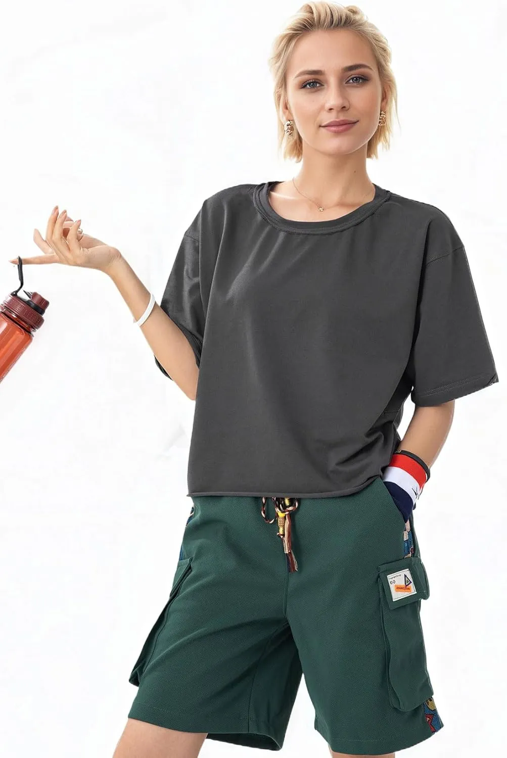 Women's Oversize Workout Crop Tops Casual Short Sleeve Drop Shoulder Boxy T-Shirts Roll Hem Basic Loose for 2025