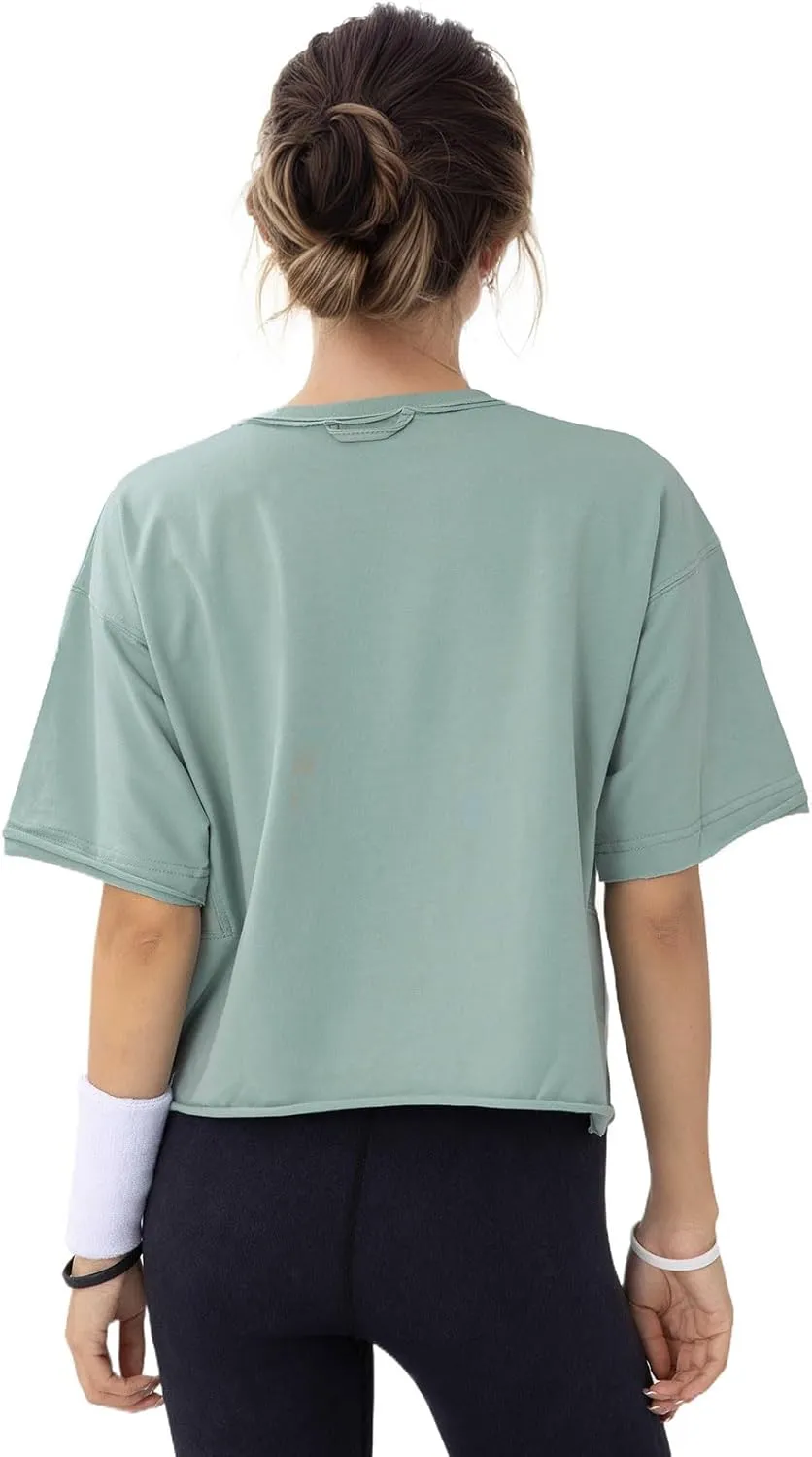 Women's Oversize Workout Crop Tops Casual Short Sleeve Drop Shoulder Boxy T-Shirts Roll Hem Basic Loose for 2025