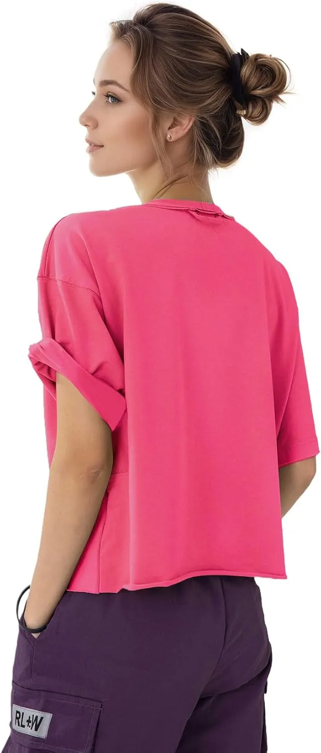 Women's Oversize Workout Crop Tops Casual Short Sleeve Drop Shoulder Boxy T-Shirts Roll Hem Basic Loose for 2025
