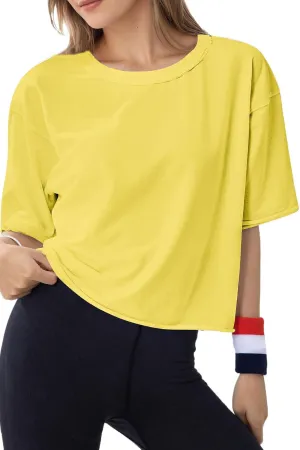 Women's Oversize Workout Crop Tops Casual Short Sleeve Drop Shoulder Boxy T-Shirts Roll Hem Basic Loose for 2025