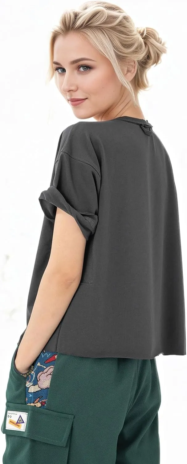 Women's Oversize Workout Crop Tops Casual Short Sleeve Drop Shoulder Boxy T-Shirts Roll Hem Basic Loose for 2025