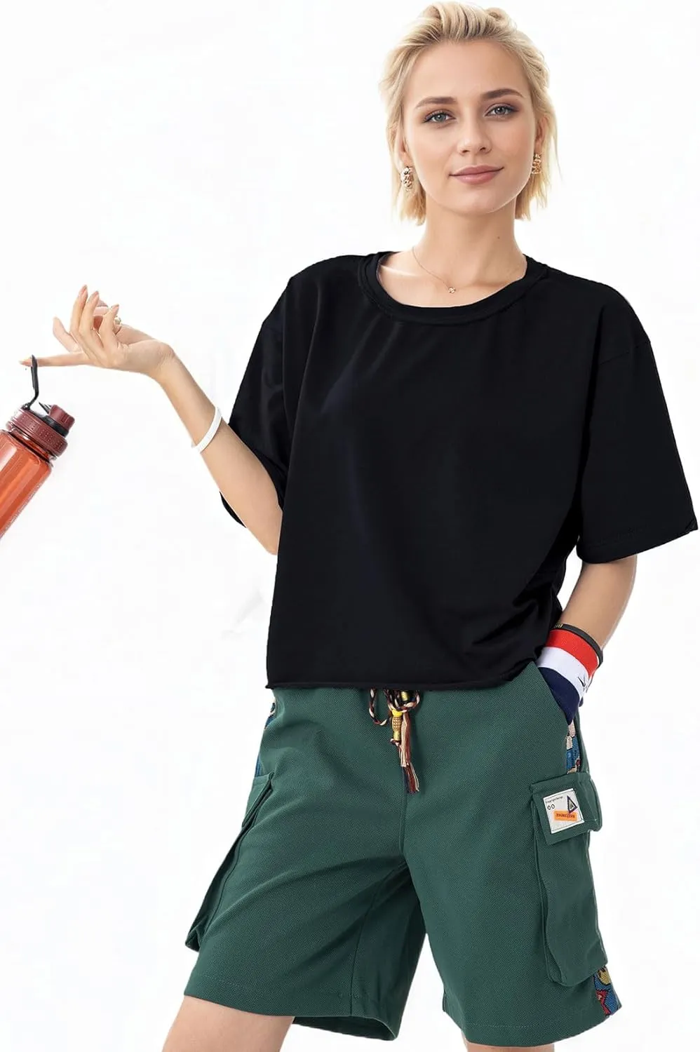 Women's Oversize Workout Crop Tops Casual Short Sleeve Drop Shoulder Boxy T-Shirts Roll Hem Basic Loose for 2025