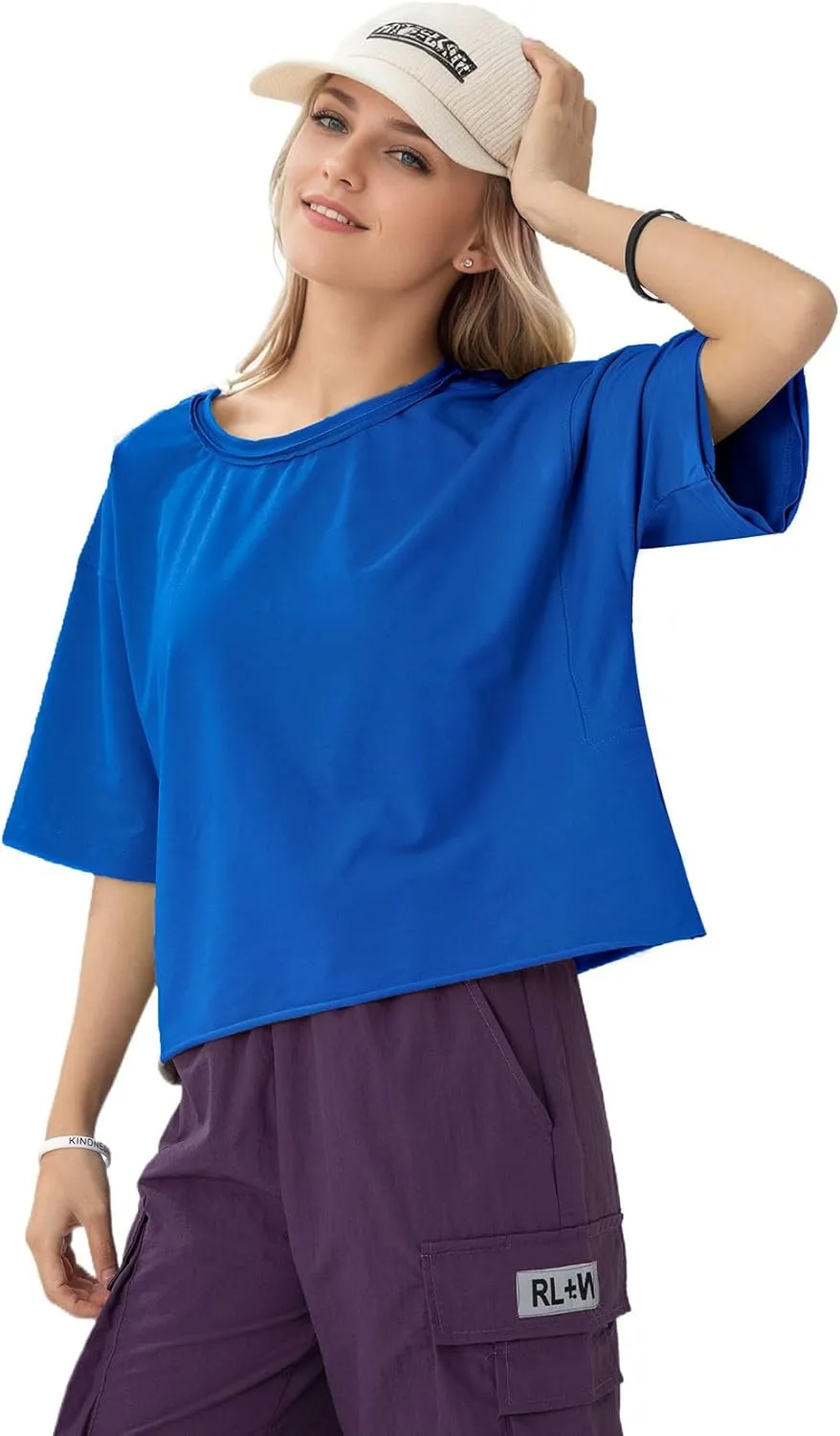 Women's Oversize Workout Crop Tops Casual Short Sleeve Drop Shoulder Boxy T-Shirts Roll Hem Basic Loose for 2025