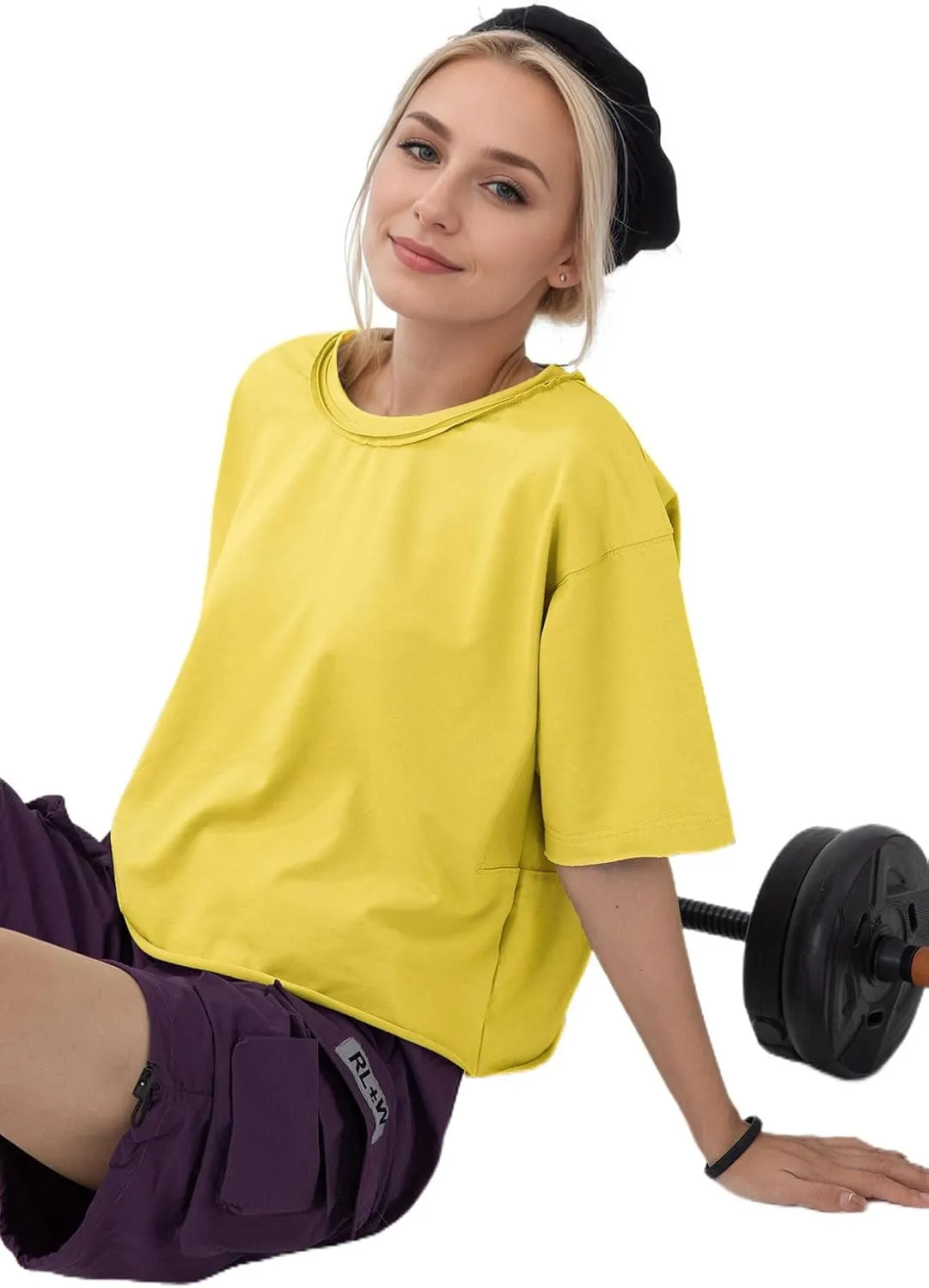 Women's Oversize Workout Crop Tops Casual Short Sleeve Drop Shoulder Boxy T-Shirts Roll Hem Basic Loose for 2025