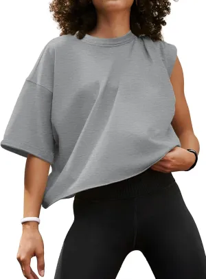Women's Oversize Workout Crop Tops Casual Short Sleeve Drop Shoulder Boxy T-Shirts Roll Hem Basic Loose Yoga Running Tees
