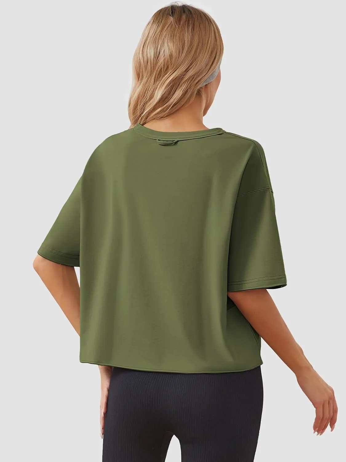 Women's Oversize Workout Crop Tops Casual Short Sleeve Drop Shoulder Boxy T-Shirts Roll Hem Basic Loose Yoga Running Tees