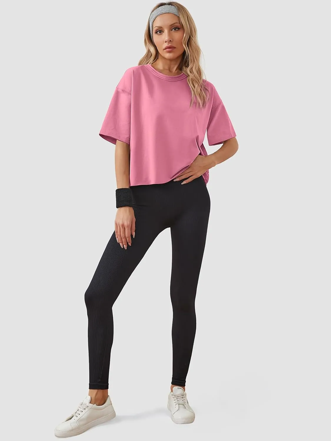 Women's Oversize Workout Crop Tops Casual Short Sleeve Drop Shoulder Boxy T-Shirts Roll Hem Basic Loose Yoga Running Tees