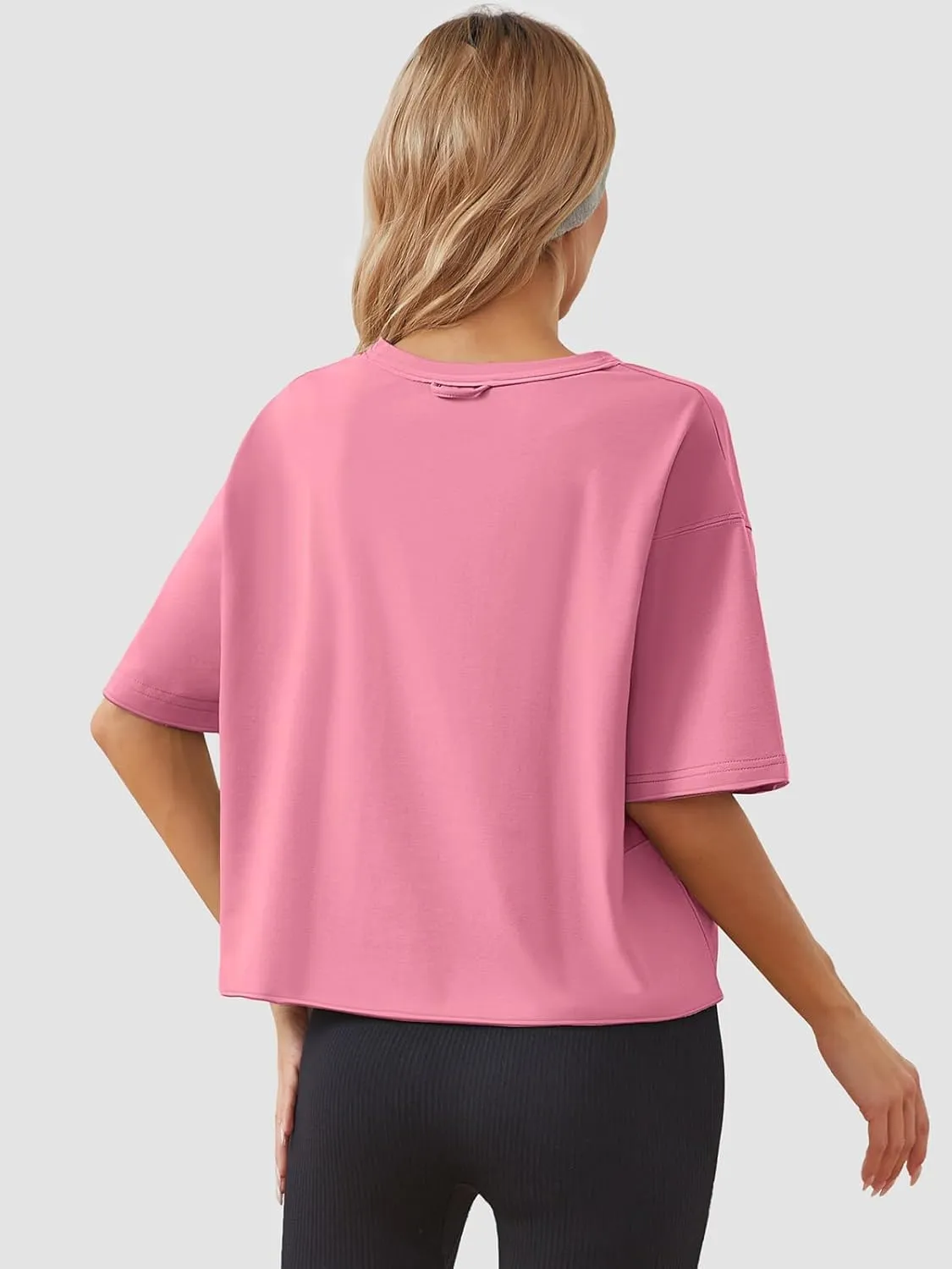 Women's Oversize Workout Crop Tops Casual Short Sleeve Drop Shoulder Boxy T-Shirts Roll Hem Basic Loose Yoga Running Tees