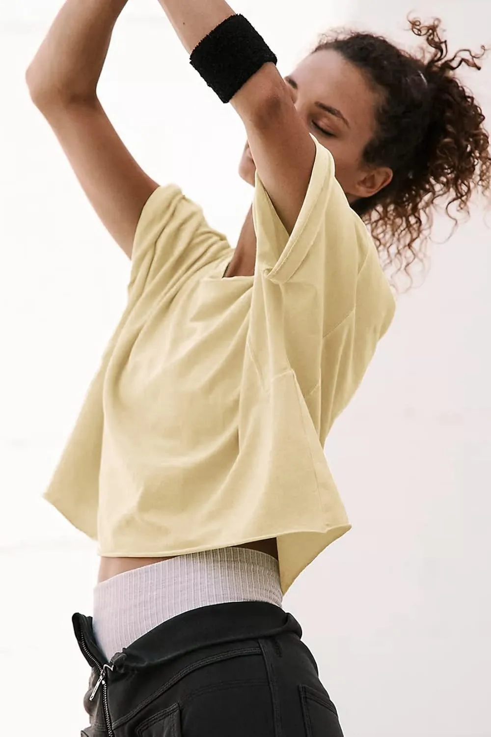 Women's Oversize Workout Crop Tops Casual Short Sleeve Drop Shoulder Boxy T-Shirts Roll Hem Basic Loose Yoga Running Tees