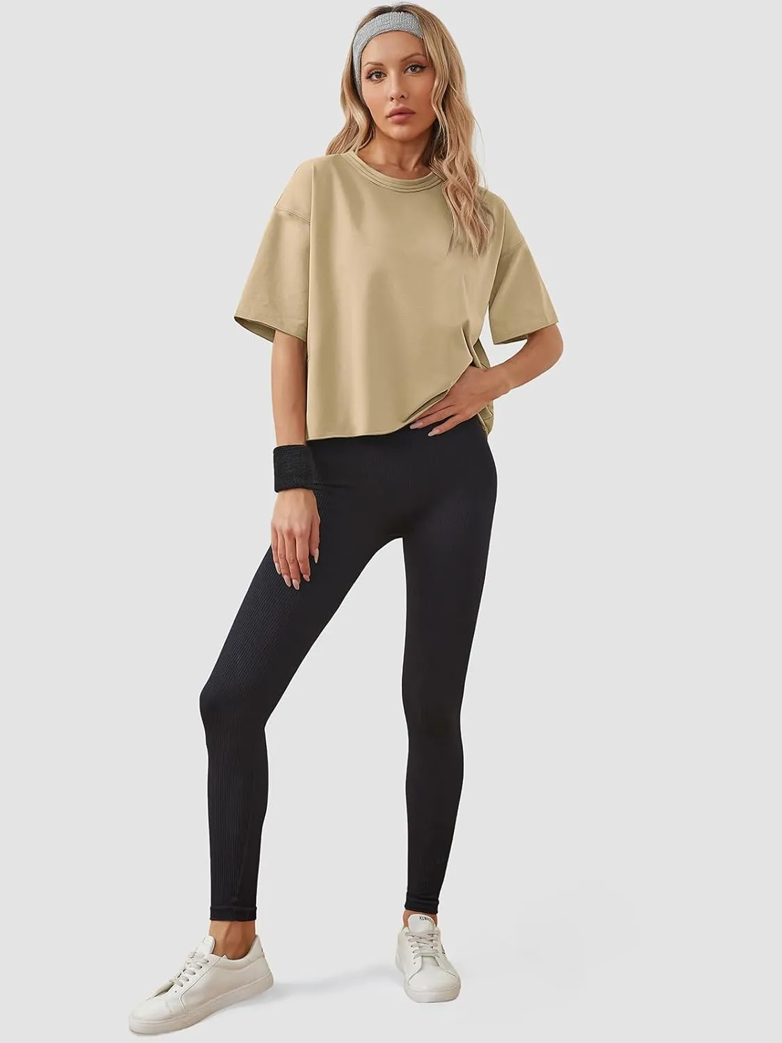 Women's Oversize Workout Crop Tops Casual Short Sleeve Drop Shoulder Boxy T-Shirts Roll Hem Basic Loose Yoga Running Tees