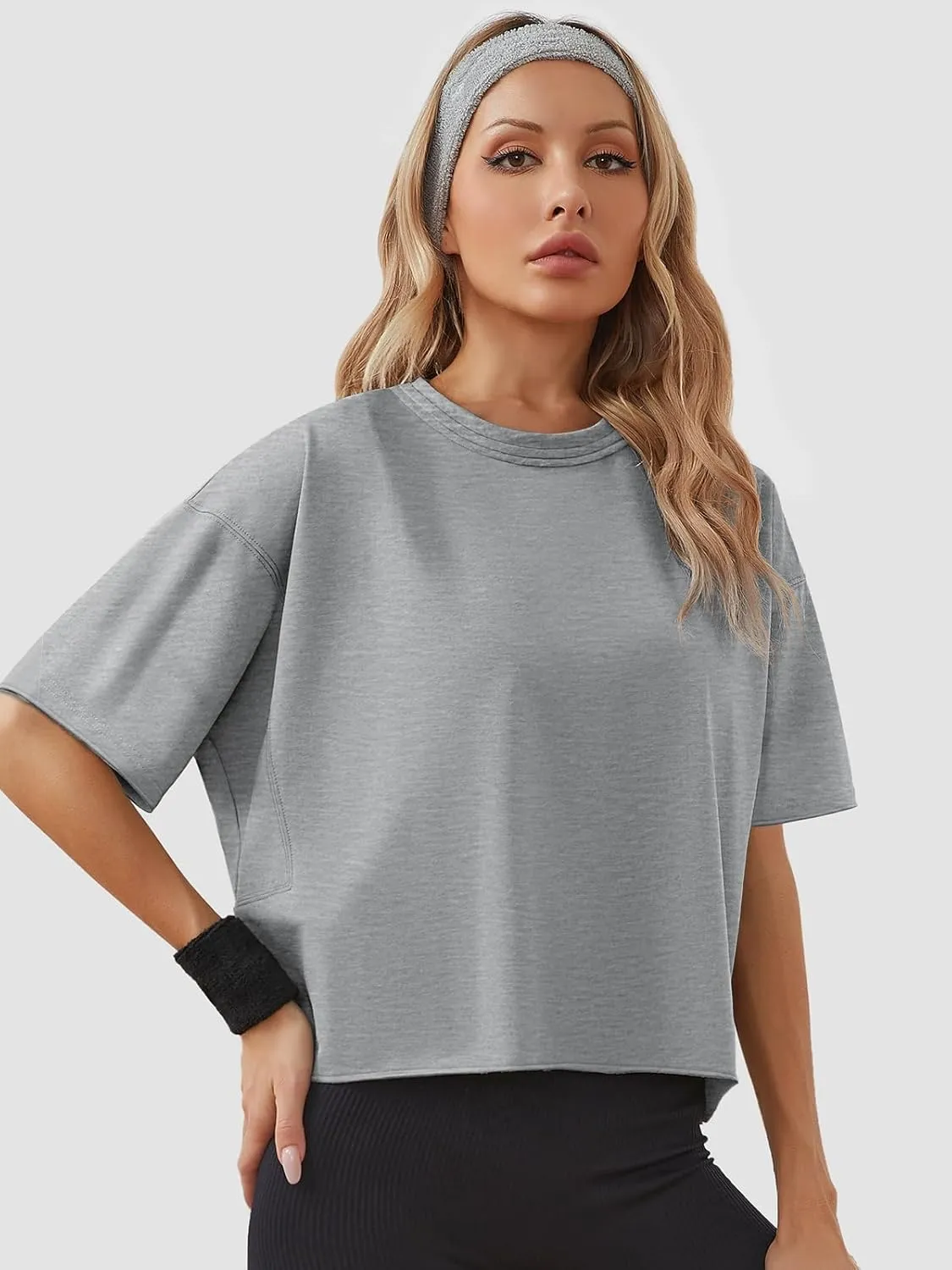 Women's Oversize Workout Crop Tops Casual Short Sleeve Drop Shoulder Boxy T-Shirts Roll Hem Basic Loose Yoga Running Tees
