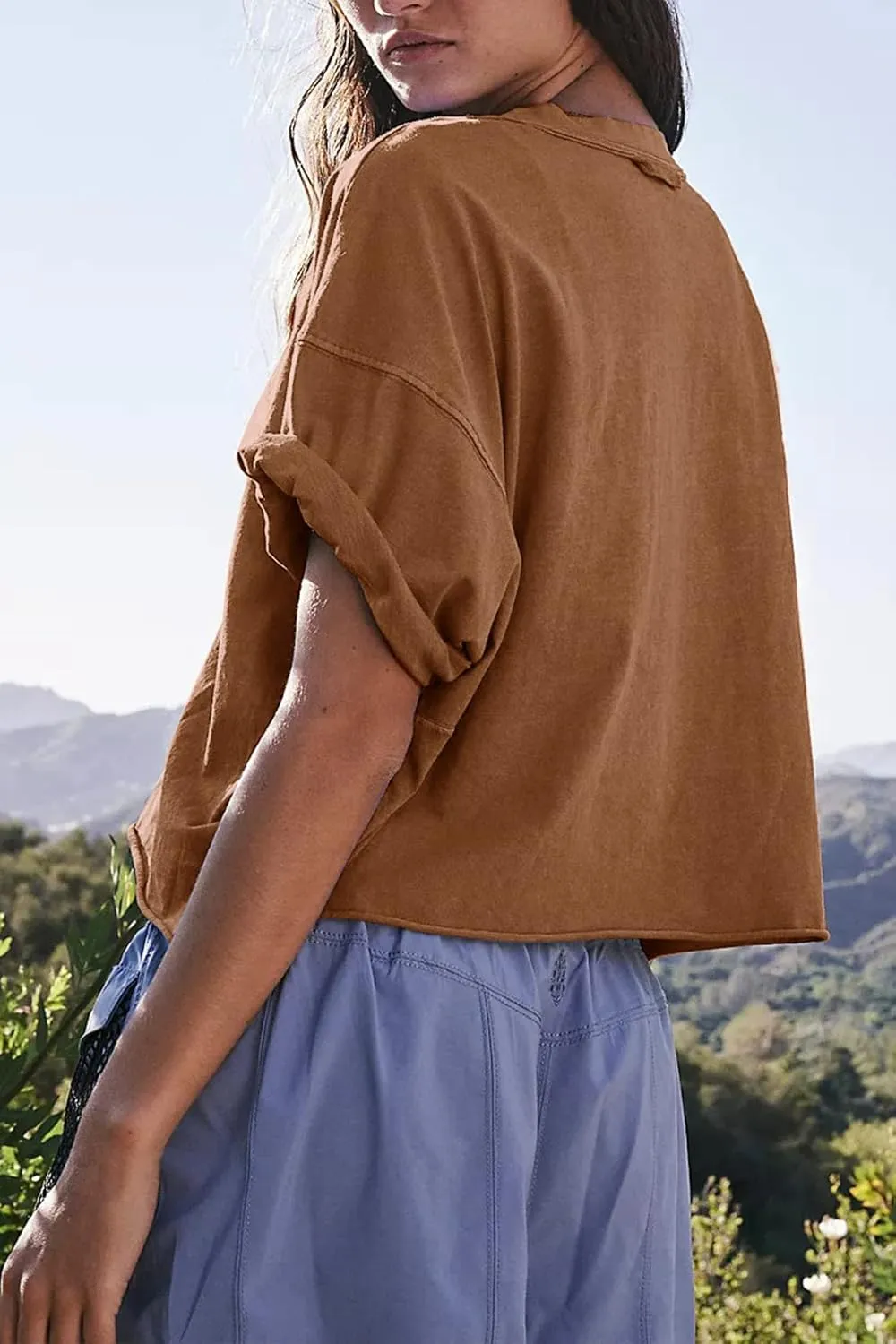 Women's Oversize Workout Crop Tops Casual Short Sleeve Drop Shoulder Boxy T-Shirts Roll Hem Basic Loose Yoga Running Tees