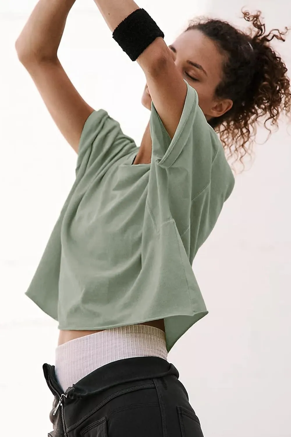 Women's Oversize Workout Crop Tops Casual Short Sleeve Drop Shoulder Boxy T-Shirts Roll Hem Basic Loose Yoga Running Tees