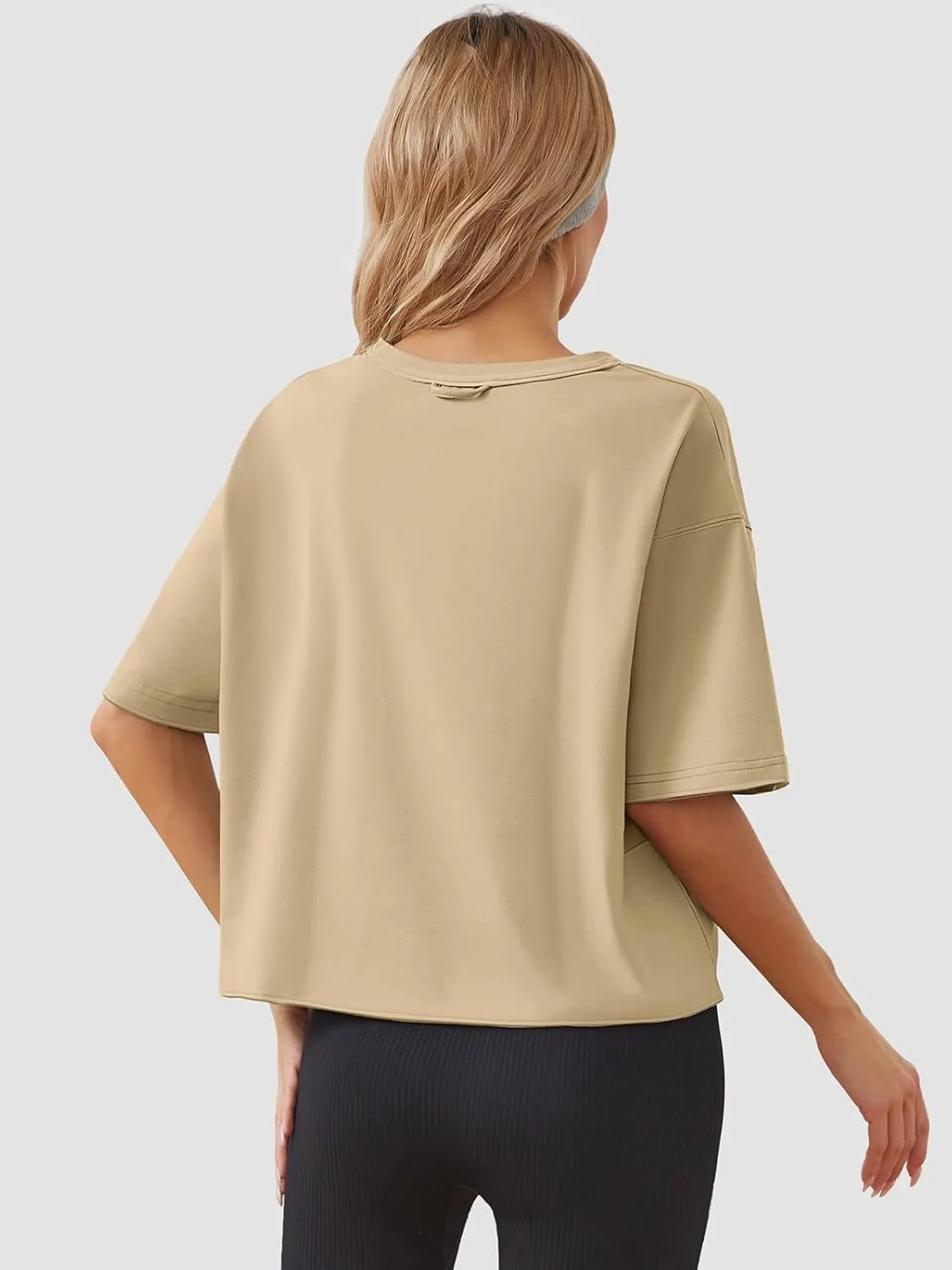 Women's Oversize Workout Crop Tops Casual Short Sleeve Drop Shoulder Boxy T-Shirts Roll Hem Basic Loose Yoga Running Tees