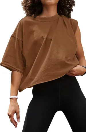 Women's Oversize Workout Crop Tops Casual Short Sleeve Drop Shoulder Boxy T-Shirts Roll Hem Basic Loose Yoga Running Tees